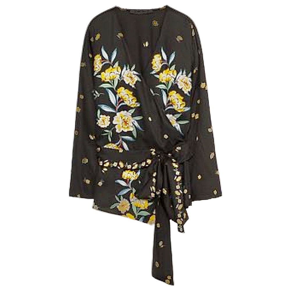 ZARA Black‎ Floral Wrap Kimono Blouse - Picture 4 of 4